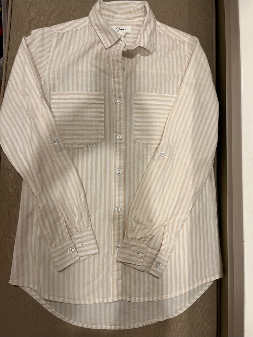 Tan Beige and White Striped Cotton Button-Down Shirt XS